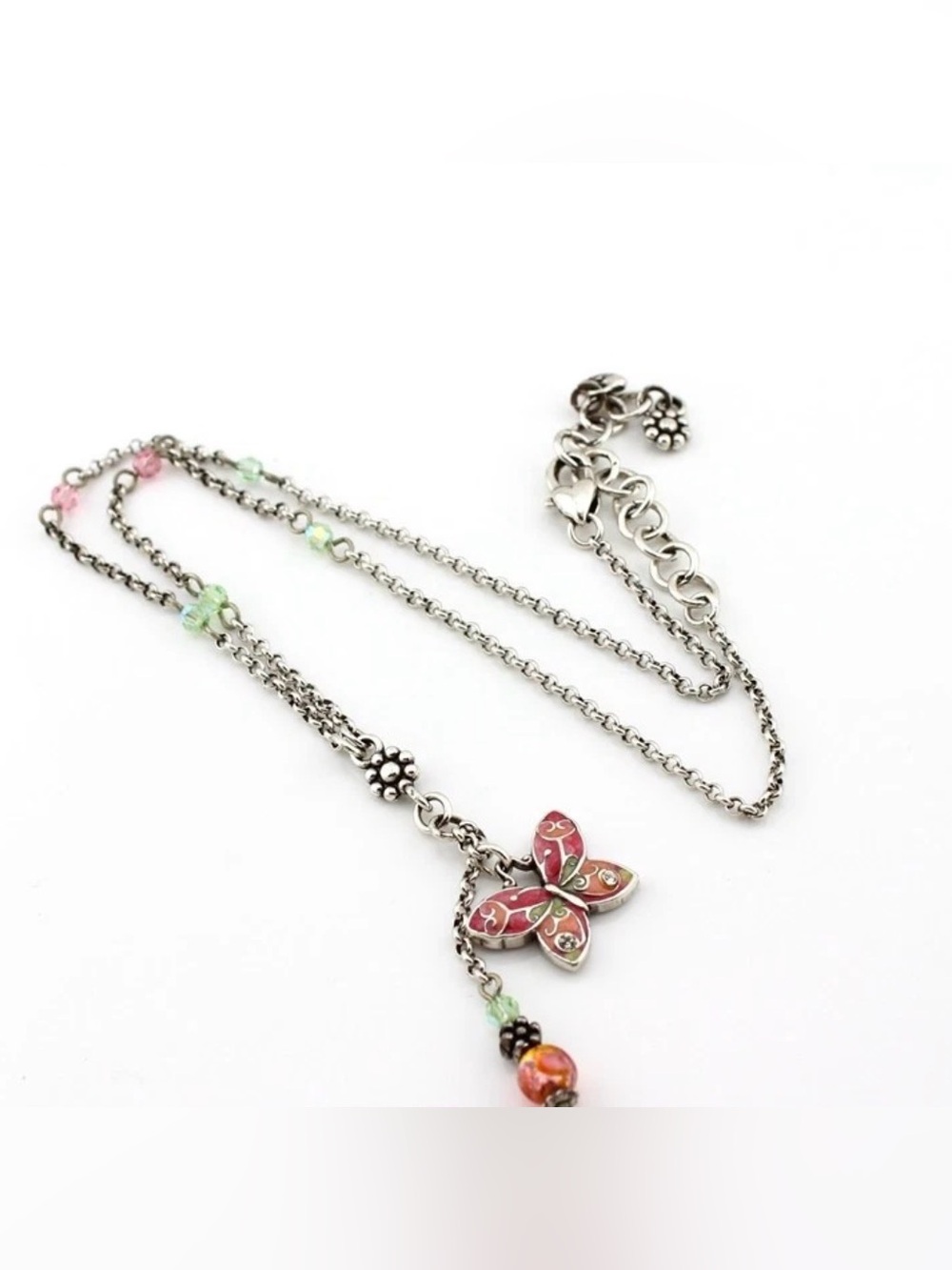 🦋 Brighton ‘FLUTTER’ VTG+ SLVR & CRYSTAL Pink Enamel Butterfly Necklace! RETIRED